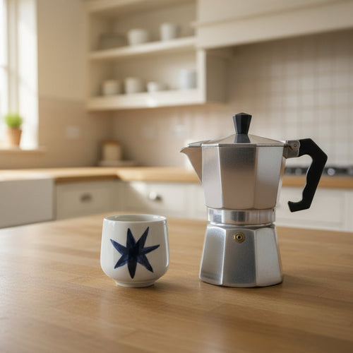 italian-espresso-maker-and-mug-on-kitchen-counter